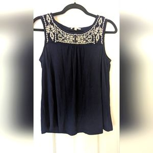 Navy with Tan Embroidery Flowy Tank